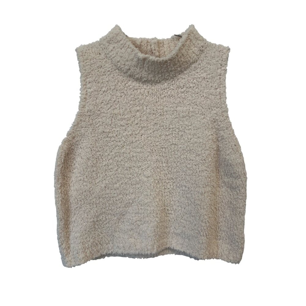 She + Sky Sweater Tank Top Size Medium Mock Neck Fuzzy Knit Beige Neutral Cozy